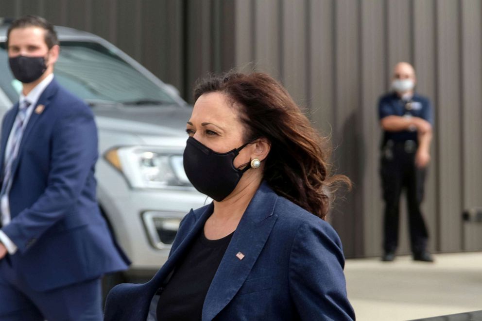 PHOTO: Democratic vice presidential nominee Senator Kamala Harris arrives at General Mitchell International Airport in Milwaukee, Wis., Sept. 7, 2020.