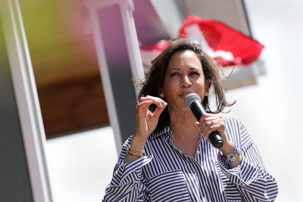 PHOTO: Democratic presidential candidate and Senator Kamala Harris speaks during a Fourth of July House Party in Indianola, Iowa, July 4, 2019.