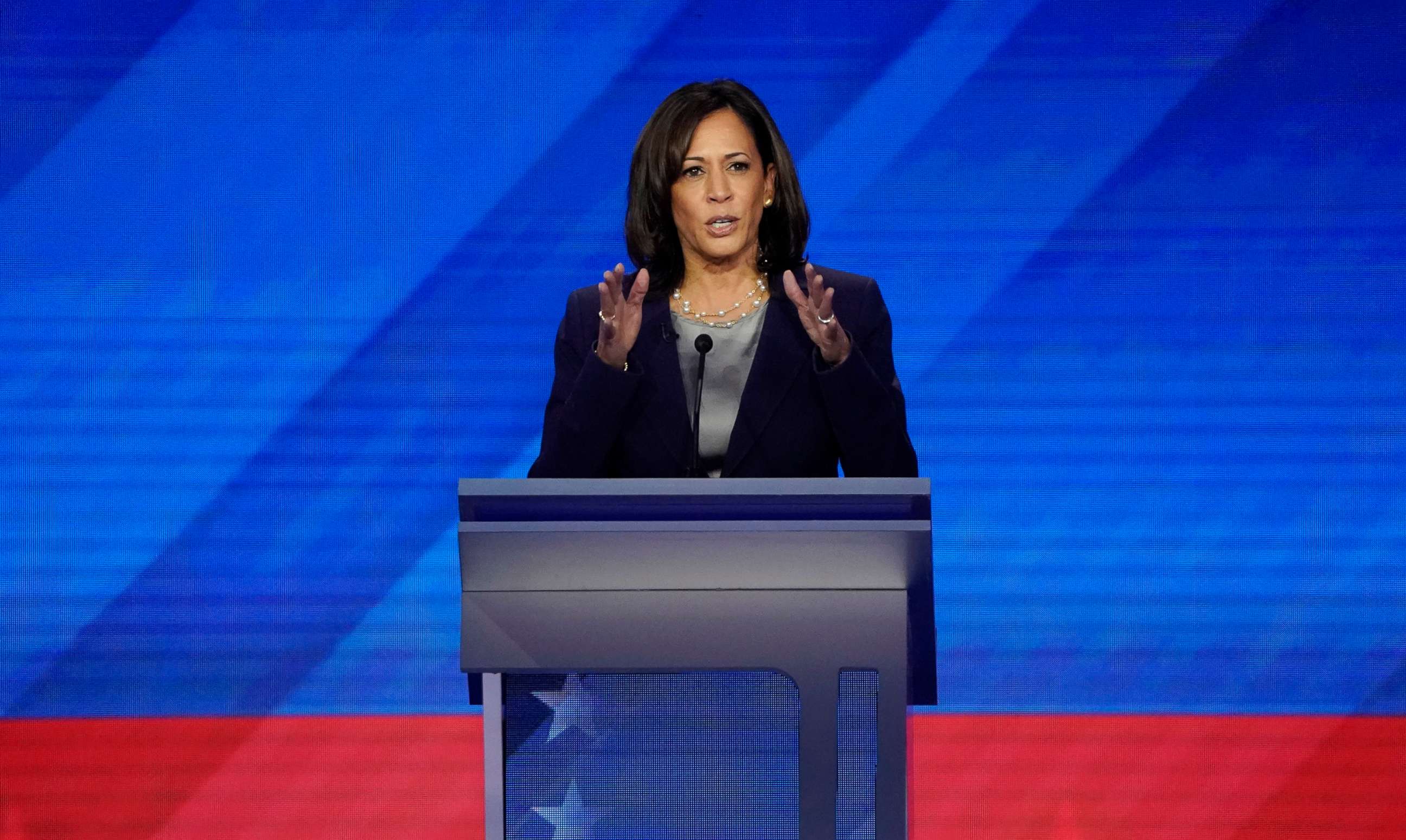PHOTO: Senator Kamala Harris speaks during the 2020 Democratic presidential debate in Houston, Texas, Sept. 12, 2019.