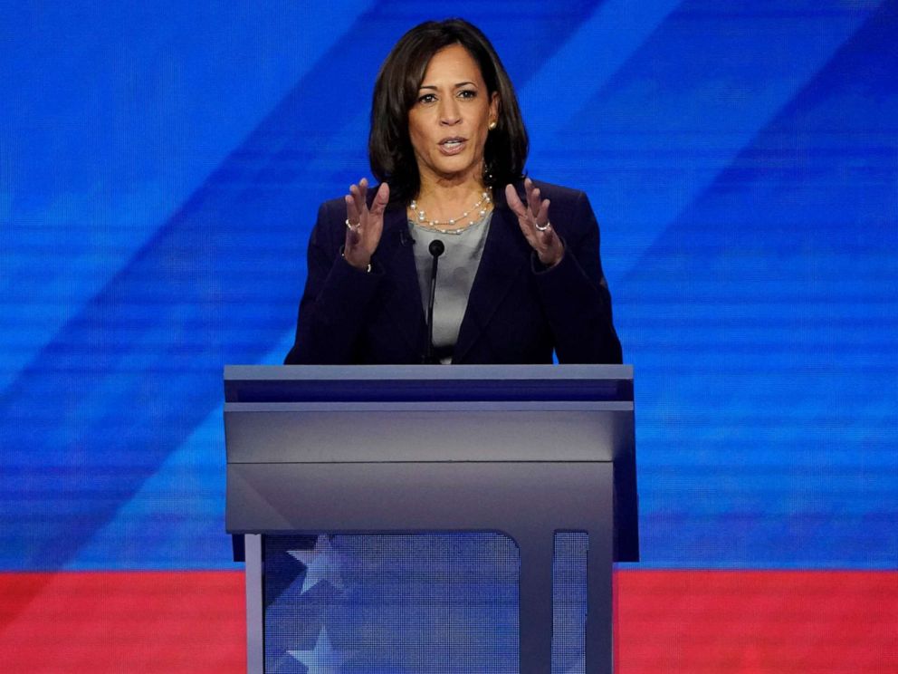 PHOTO: Senator Kamala Harris speaks during the 2020 Democratic presidential debate in Houston, Texas, Sept. 12, 2019.