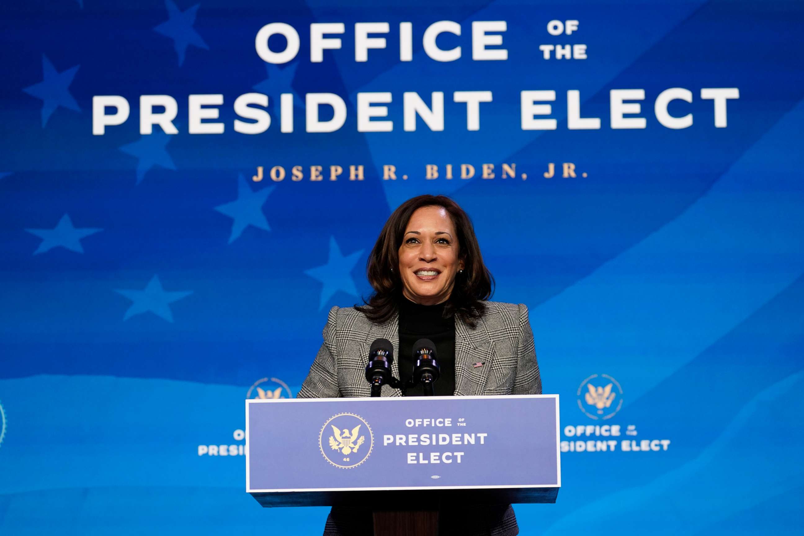 PHOTO: Vice President-elect Kamala Harris speaks during an event at The Queen theater, Jan. 16, 2021, in Wilmington, Del.