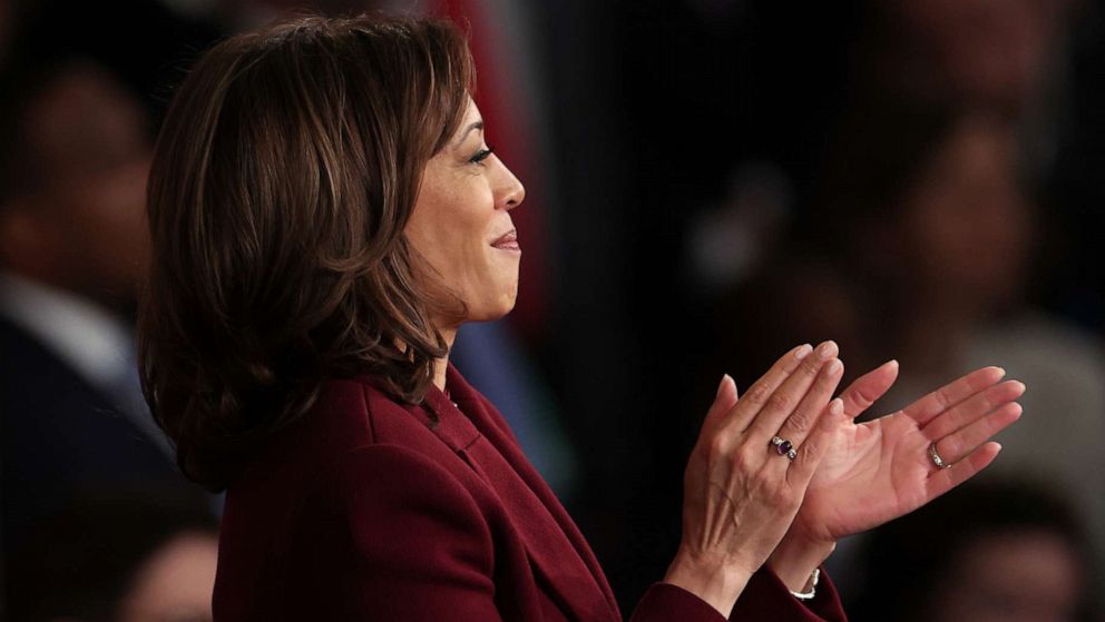 PHOTO: Vice President Kamala Harris applauds as President Joe Biden delivers his State of the Union address during a joint meeting of Congress in the House Chamber of the Capitol on Feb. 7, 2023 in Washington, DC.