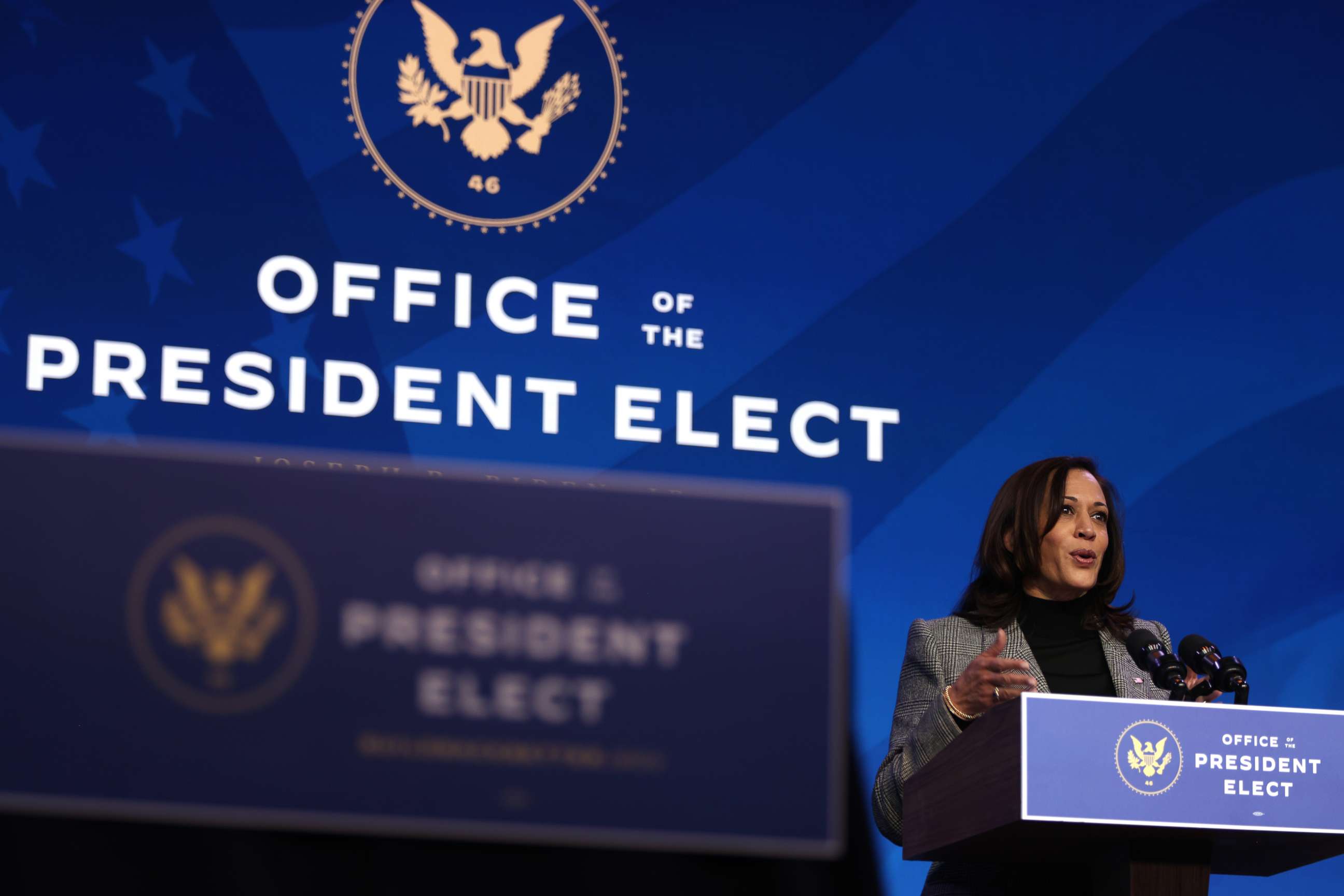 PHOTO: U.S. Vice President-elect Kamala Harris speaks during an announcement January 16, 2021 at the Queen theater in Wilmington, Delaware. President-elect Joe Biden has announced key members of his incoming White House science team.