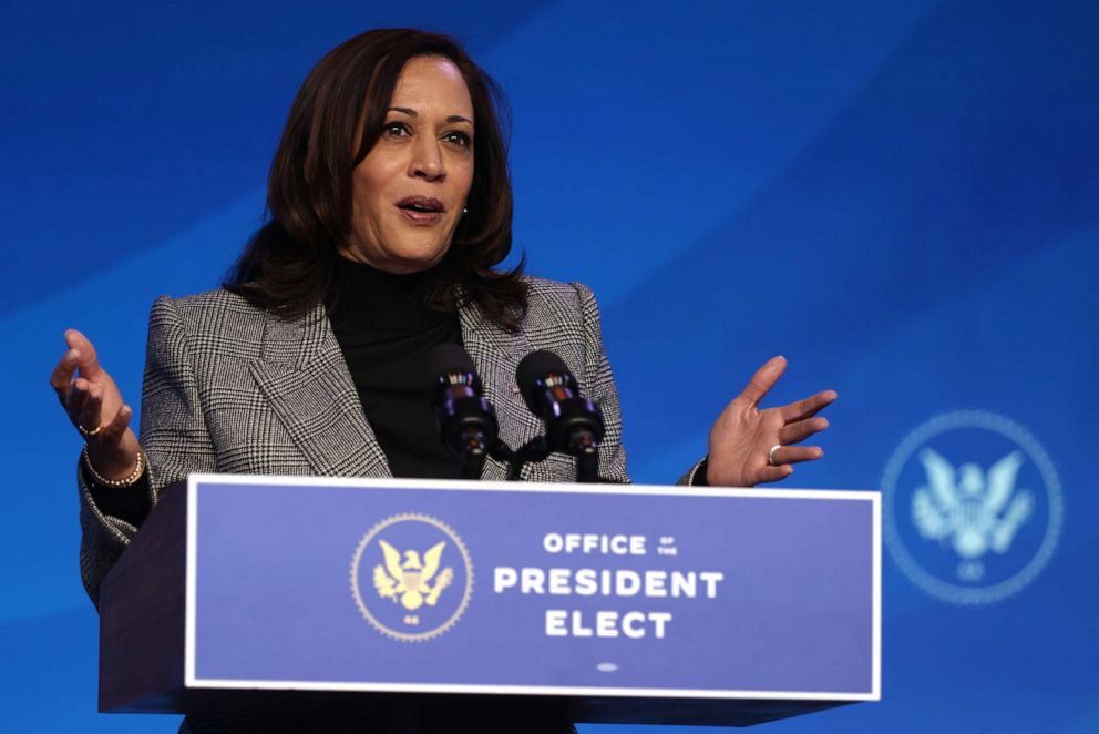 PHOTO: U.S. Vice President-elect Kamala Harris speaks during an announcement January 16, 2021 at the Queen theater in Wilmington, Delaware. President-elect Joe Biden has announced key members of his incoming White House science team.