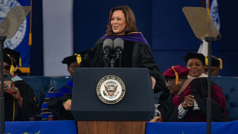 PHOTO: U.S. Vice President Kamala Harris delivers the keynote speech during Tennessee State University's Commencement Ceremony at Hale Stadium on May 7, 2022, in Nashville, Tenn.