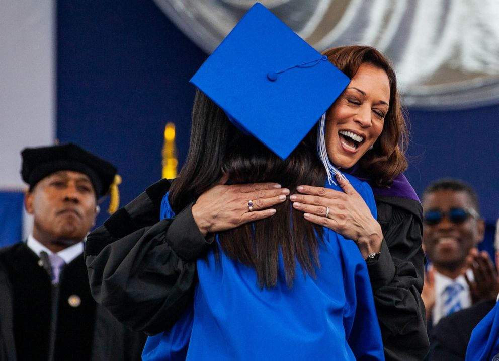 PHOTO: U.S. Vice President Kamala Harris embraces a graduating student at Tennessee State University in Nashville, Tenn., on May 7, 2022.