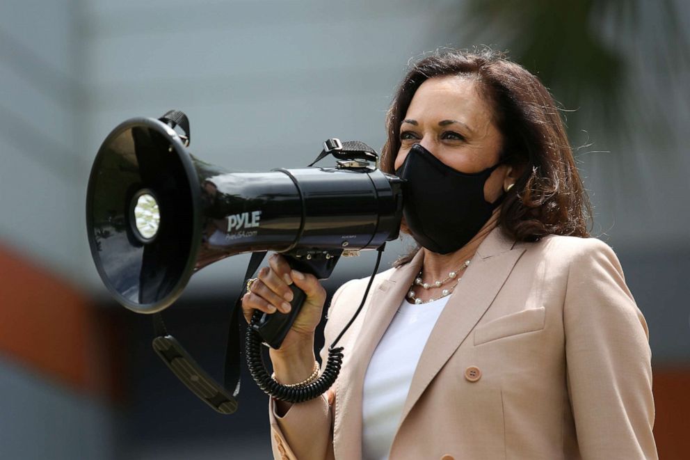 PHOTO: Democratic vice presidential nominee Sen. Kamala Harris speaks through a megaphone during a campaign event in Miami, on Sept. 10, 2020.