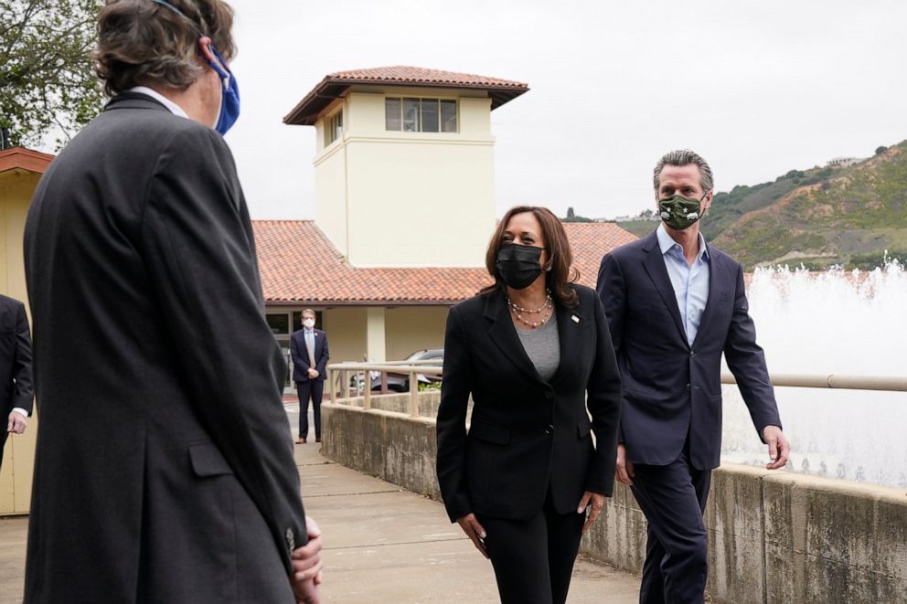 PHOTO: In this April 5, 2021, file photo, Vice President Kamala Harris, left, and California Gov. Gavin Newsom visit the Upper San Leandro Water Treatment Plant in Oakland, Calif. 