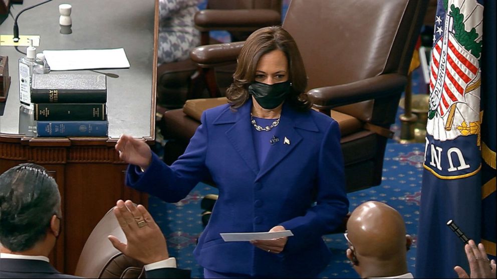 PHOTO: In this image from video, Vice President Kamala Harris swears in Sen. Raphael Warnock, D-Ga., Sen. Alex Padilla, D-Calif., and Sen. Jon Ossoff, D-Ga., on the floor of the Senate Wednesday, Jan. 6, 2021, on Capitol Hill in Washington.