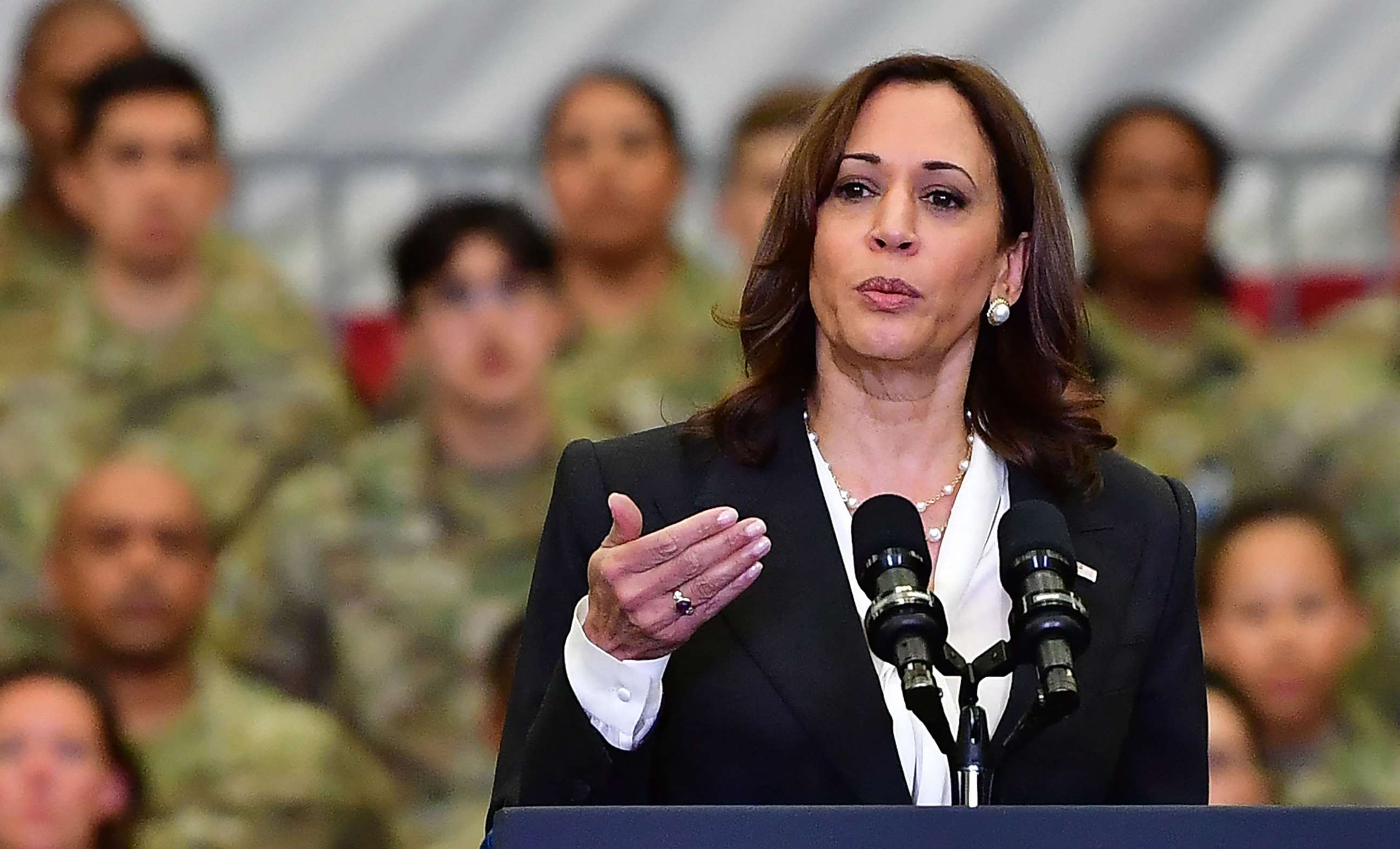 PHOTO: US Vice President Kamala Harris speaks during a visit to Vandenberg space force base in Lompoc, California on April 18, 2022.