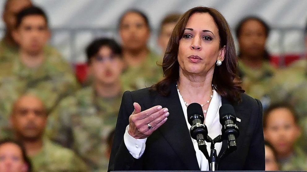 PHOTO: US Vice President Kamala Harris speaks during a visit to Vandenberg space force base in Lompoc, California on April 18, 2022.