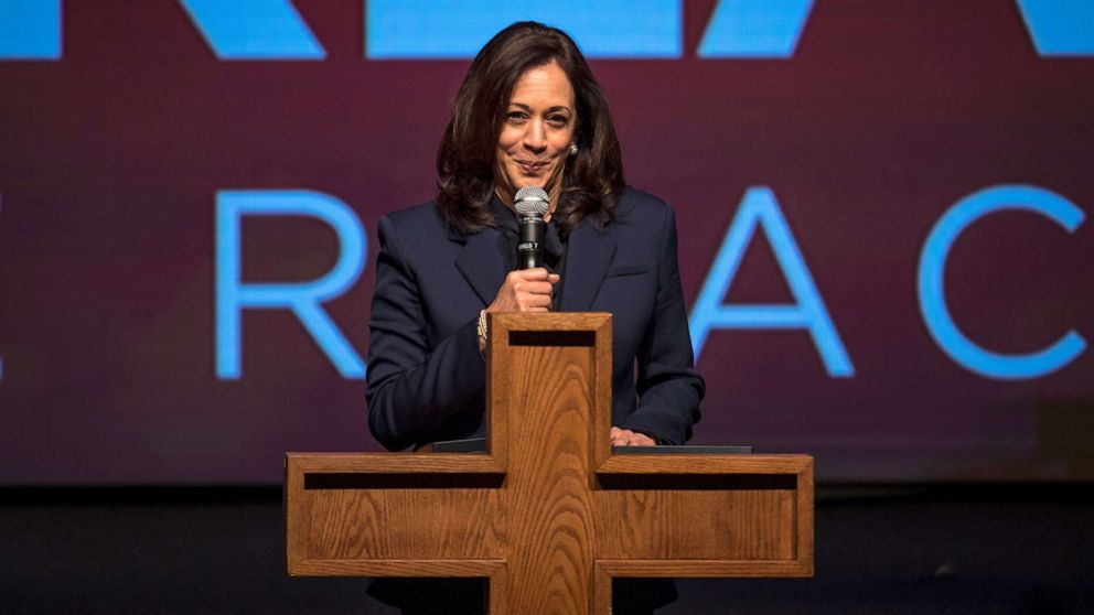 PHOTO: Democratic Vice Presidential nominee Sen. Kamala Harris speaks to the congregation during the drive-in church service, Oct. 25, 2020, at Millennium Centre in Southfield, Michigan.