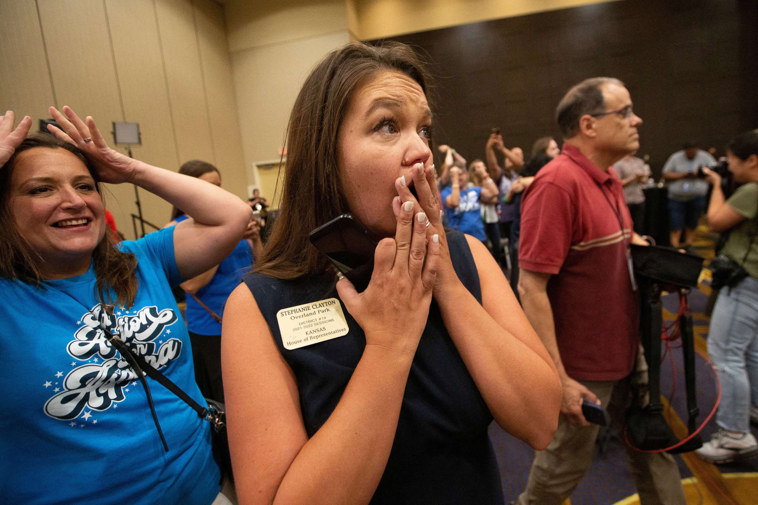 State Rep. Stephanie Clayton reacts to news that a constitutional amendment that would have declared there is no right to abortion was voted down, during the Kansans for Constitutional Freedom election watch party,in Overland Park, Kan, Aug. 8, 2022.