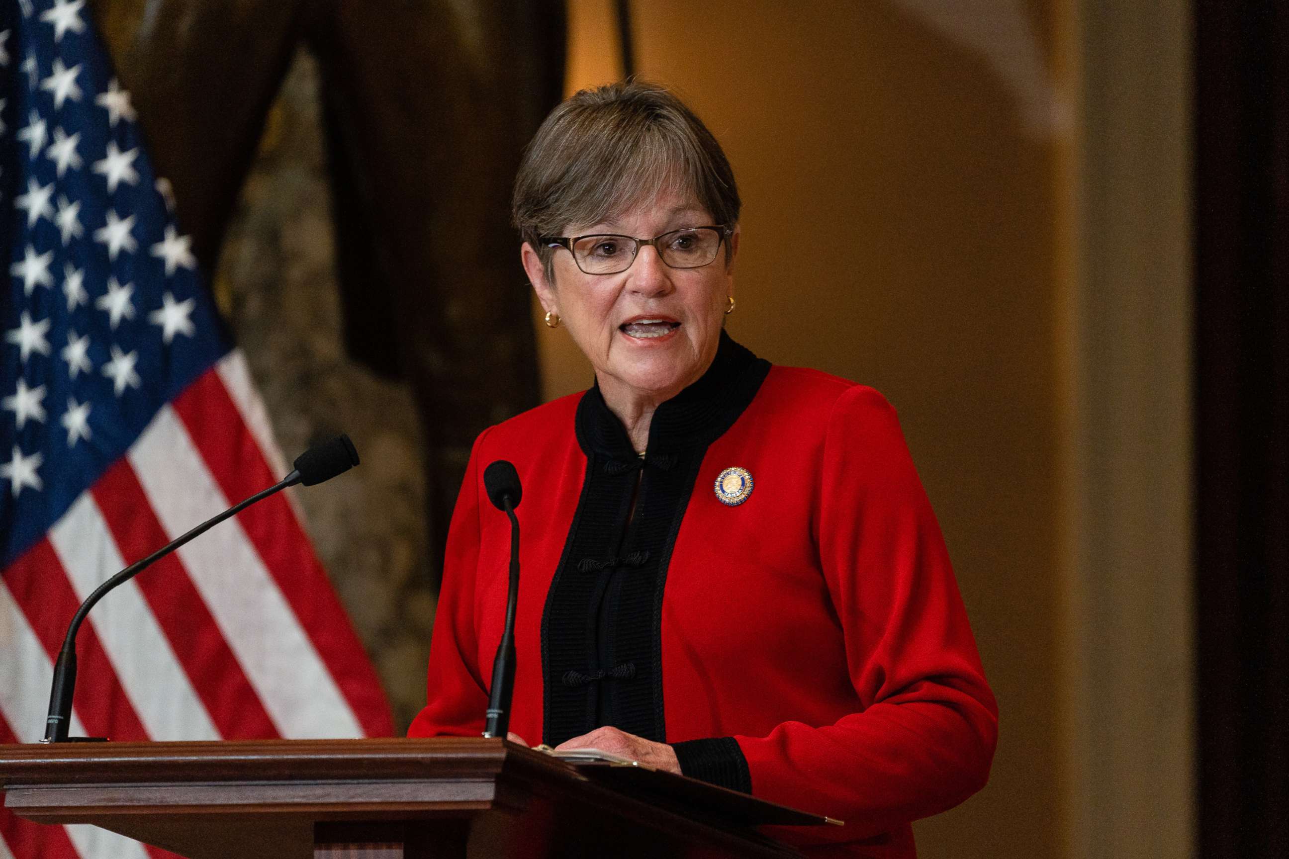 PHOTO: Laura Kelly, governor of Kansas, speaks during a ceremony unveiling a statue of Amelia Earhart in Statuary Hall at the U.S. Capitol in Washington, July 27, 2022.