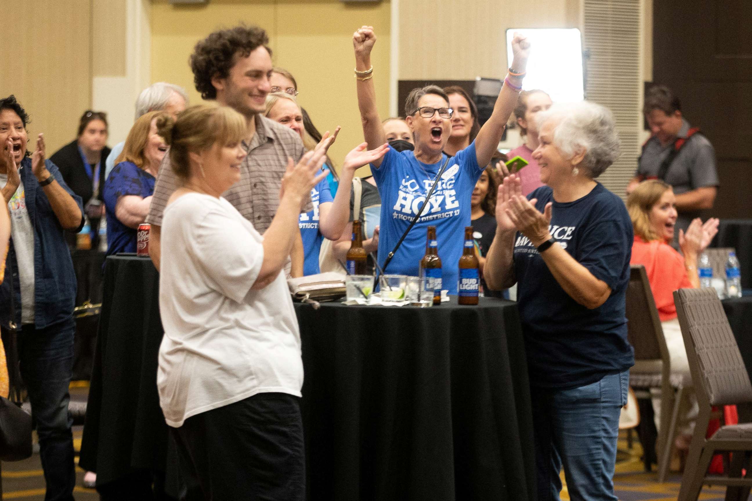 PHOTO: Abortion-rights supporters react as early polls showed that voters rejected a state constitutional amendment that would have declared there is no right to abortion, at an election watch party in Topeka, Kansas, Aug. 2, 2022. 