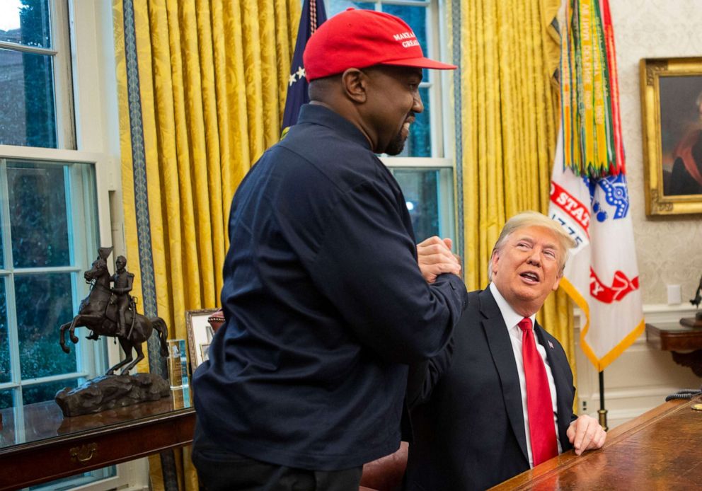 PHOTO: President Donald Trump and rapper Kanye West meet in the Oval Office of the White House in Washington on Oct. 11, 2018.