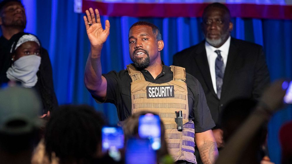 PHOTO: Kanye West makes his first presidential campaign appearance, in North Charleston, S.C., July 19, 2020.