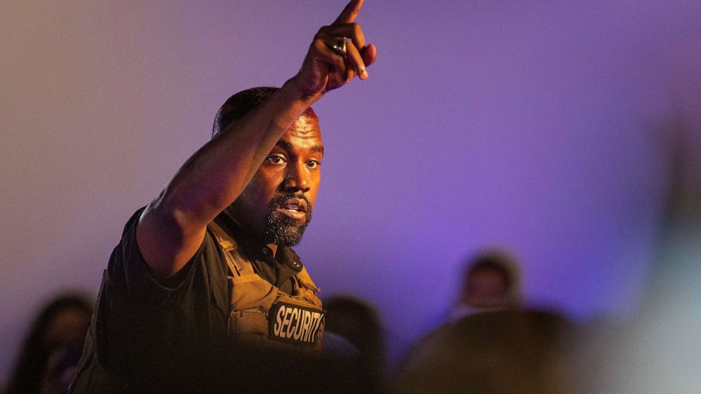 PHOTO: FILE - In this Sunday, July 19, 2020, file photo, Kanye West makes his first presidential campaign appearance, in North Charleston, S.C. 