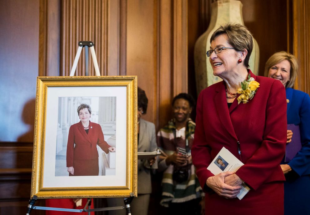 PHOTO: Rep. Marcy Kaptur, D-Ohio, stands next to a picture of herself as House Minority Leader Nancy Pelosi, D-Calif., hosts a reception in Kaptur's honor in the Capitol, March 14, 2018. 