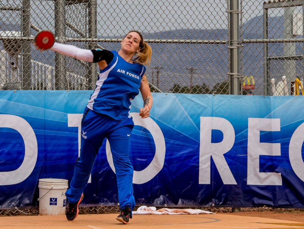 PHOTO: Senior Airman Karah Behrend, a wounded warrior athlete, throws a discus during the track and field competition at the 5th Annual Air Force Wounded Warrior Trials on Nellis Air Force Base, Nevada, Feb. 27, 2018.