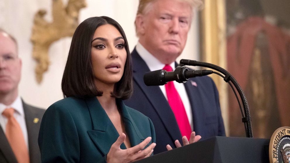 PHOTO: Kim Kardashian speaks as President Donald Trump holds an event on second chance hiring and criminal justice reform at the White House, June 13, 2019. 