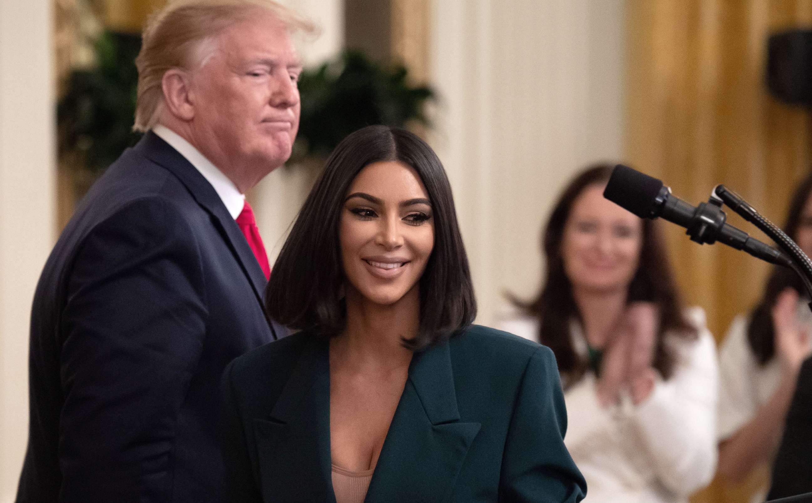 PHOTO: Kim Kardashian speaks alongside President Donald Trump during a second chance hiring and criminal justice reform event in the East Room of the White House, June 13, 2019.