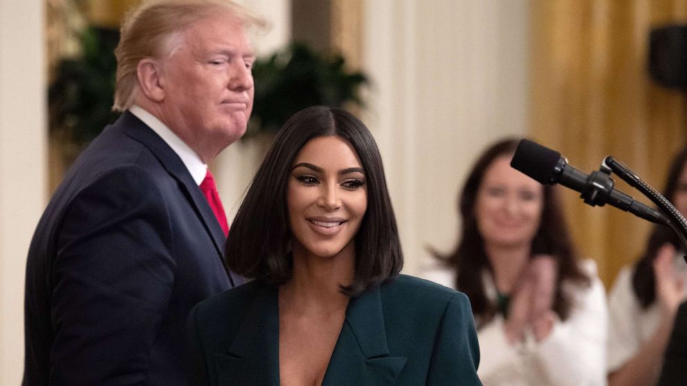PHOTO: Kim Kardashian speaks alongside President Donald Trump during a second chance hiring and criminal justice reform event in the East Room of the White House, June 13, 2019.