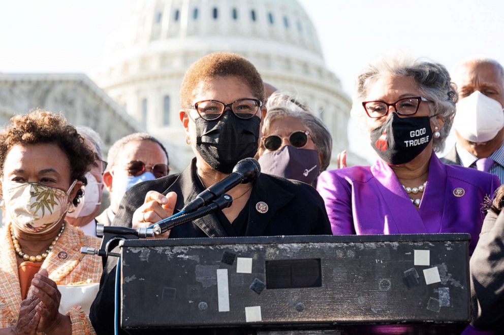 PHOTO: Rep. Karen Bass speaks at a press conference about the verdict in the trial of Derek Chauvin, April 20, 2021, in Washington, D.C.