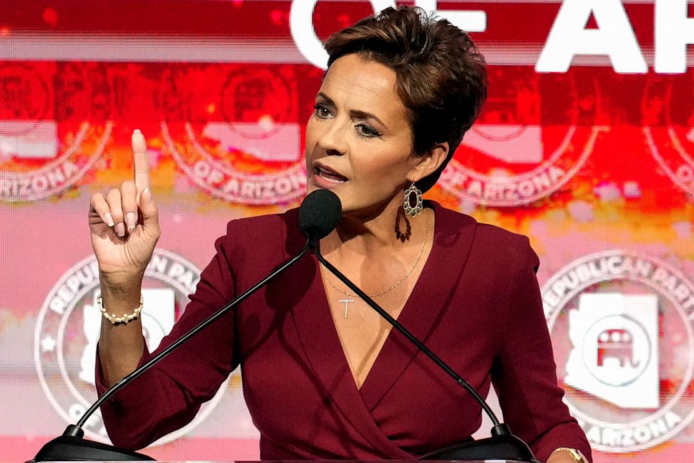 PHOTO: Kari Lake, Arizona Republican candidate for governor, speaks to supporters at the Republican watch party in Scottsdale, Ariz., Nov. 8, 2022.