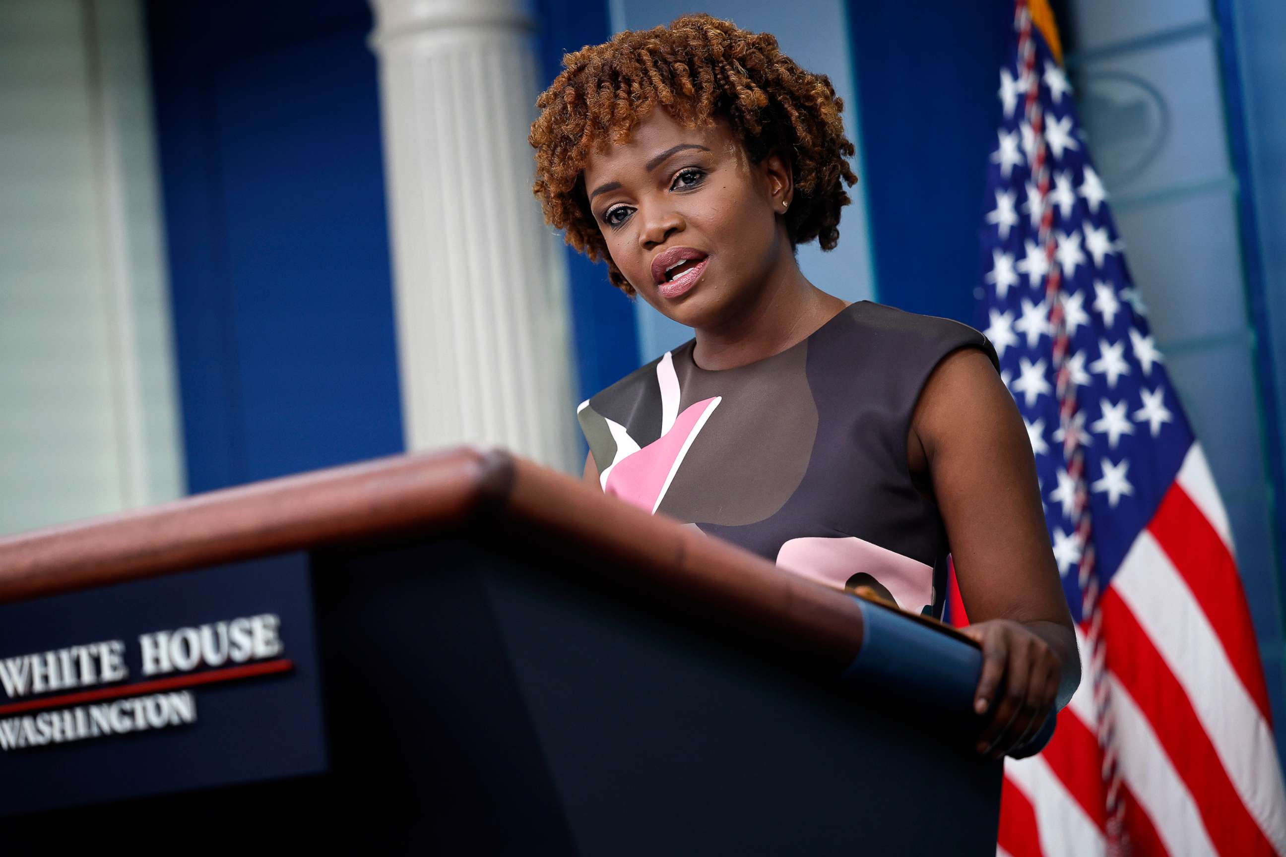 PHOTO: White House Press Secretary Karine Jean-Pierre answers questions during the daily press briefing at the White House in Washington, D.C., Aug. 9, 2022. 
