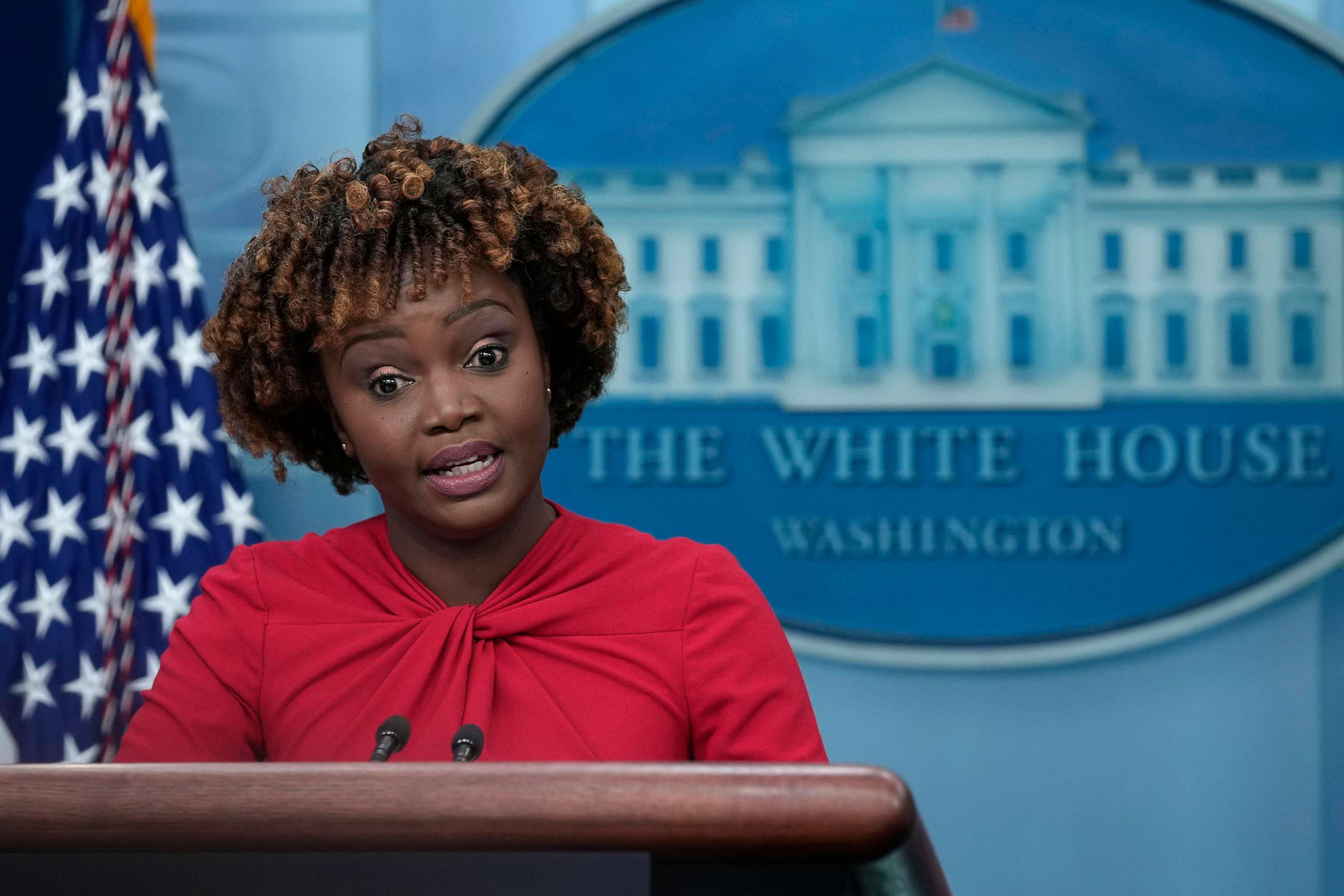 PHOTO: White House press secretary Karine Jean-Pierre speaks during the daily briefing at the White House in Washington, Dec. 5, 2022.