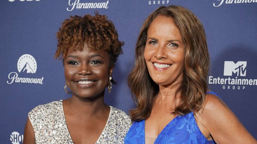 PHOTO: Karine Jean-Pierre and Suzanne Malveaux at the Paramount White House Correspondents' Dinner after party at the French Ambassador's residence, in Washington, D.C., April 30, 2022. 