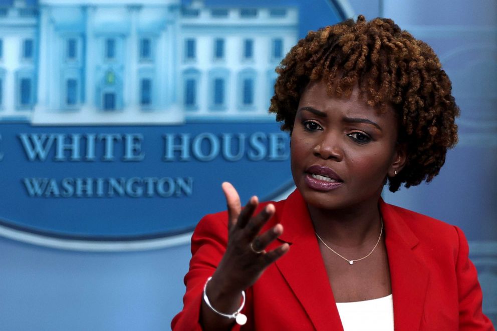 PHOTO: White House Press Secretary Karine Jean-Pierre speaks during the daily press briefing, July 7, 2022 in Washington, DC.