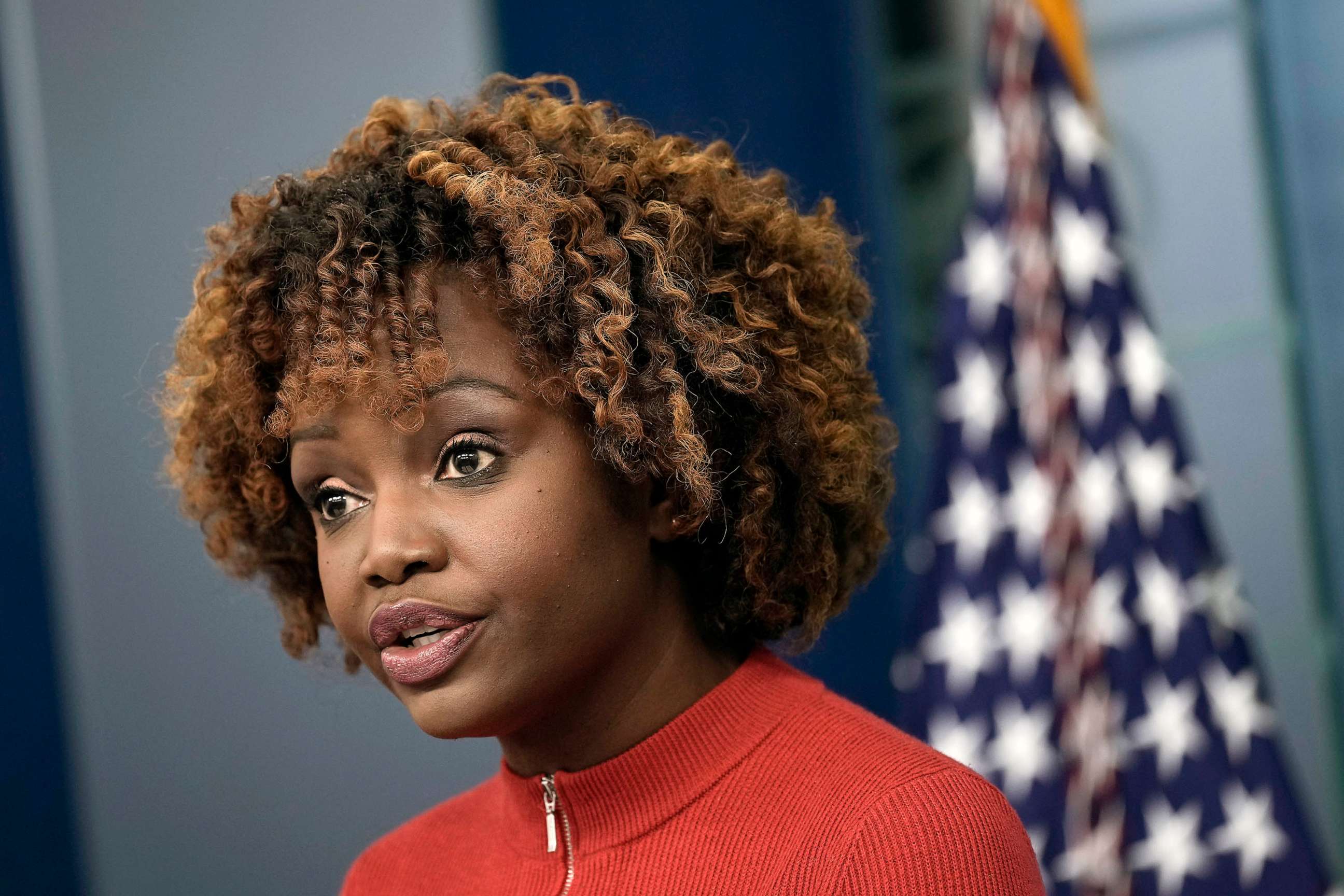 PHOTO: White House Press Secretary Karine Jean-Pierre speaks during the daily press briefing at the White House, Feb. 13, 2023 in Washington, DC.