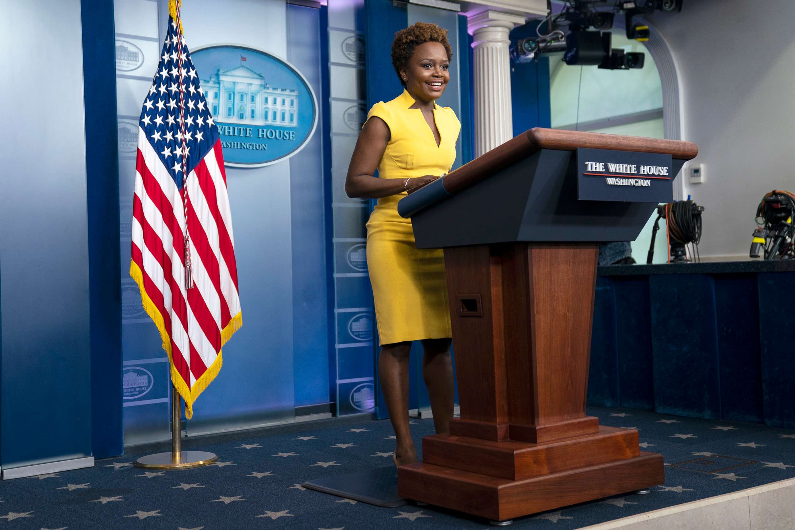 PHOTO: White House deputy press secretary Karine Jean-Pierre arrives for a press briefing at the White House, May 26, 2021.