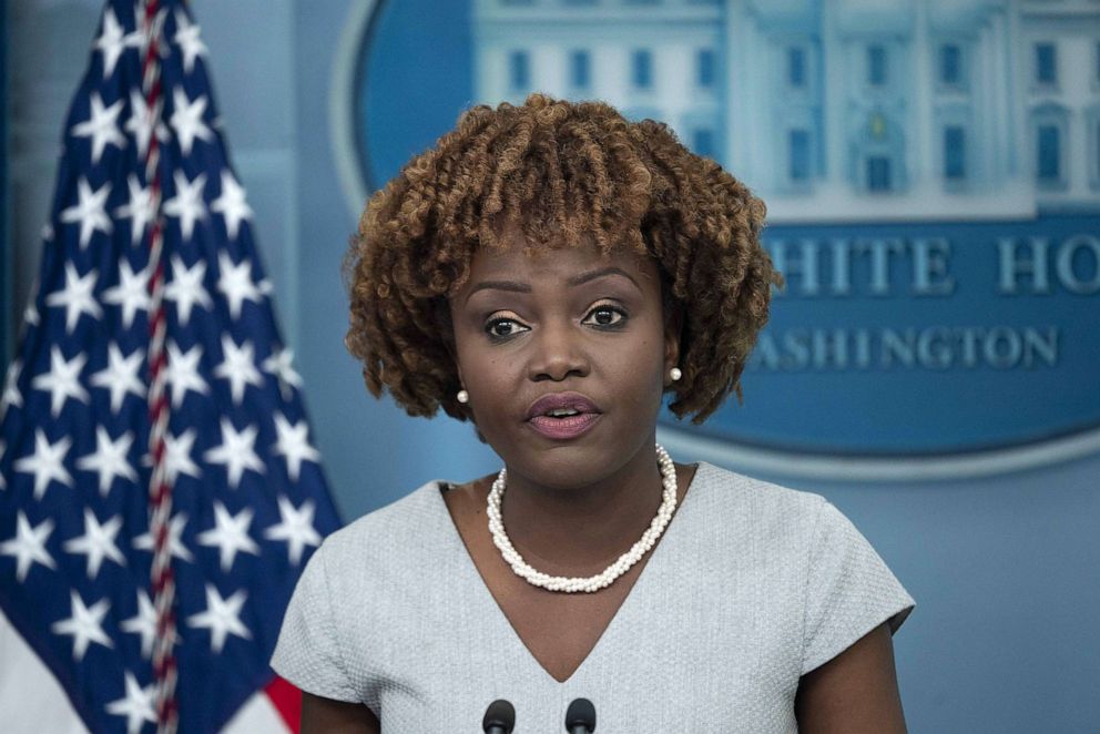 PHOTO: White House Press Secretary Karine Jean-Pierre speaks during the daily press briefing in the James S. Brady Briefing Room at the White House in Washington, D.C., on April 21, 2023.