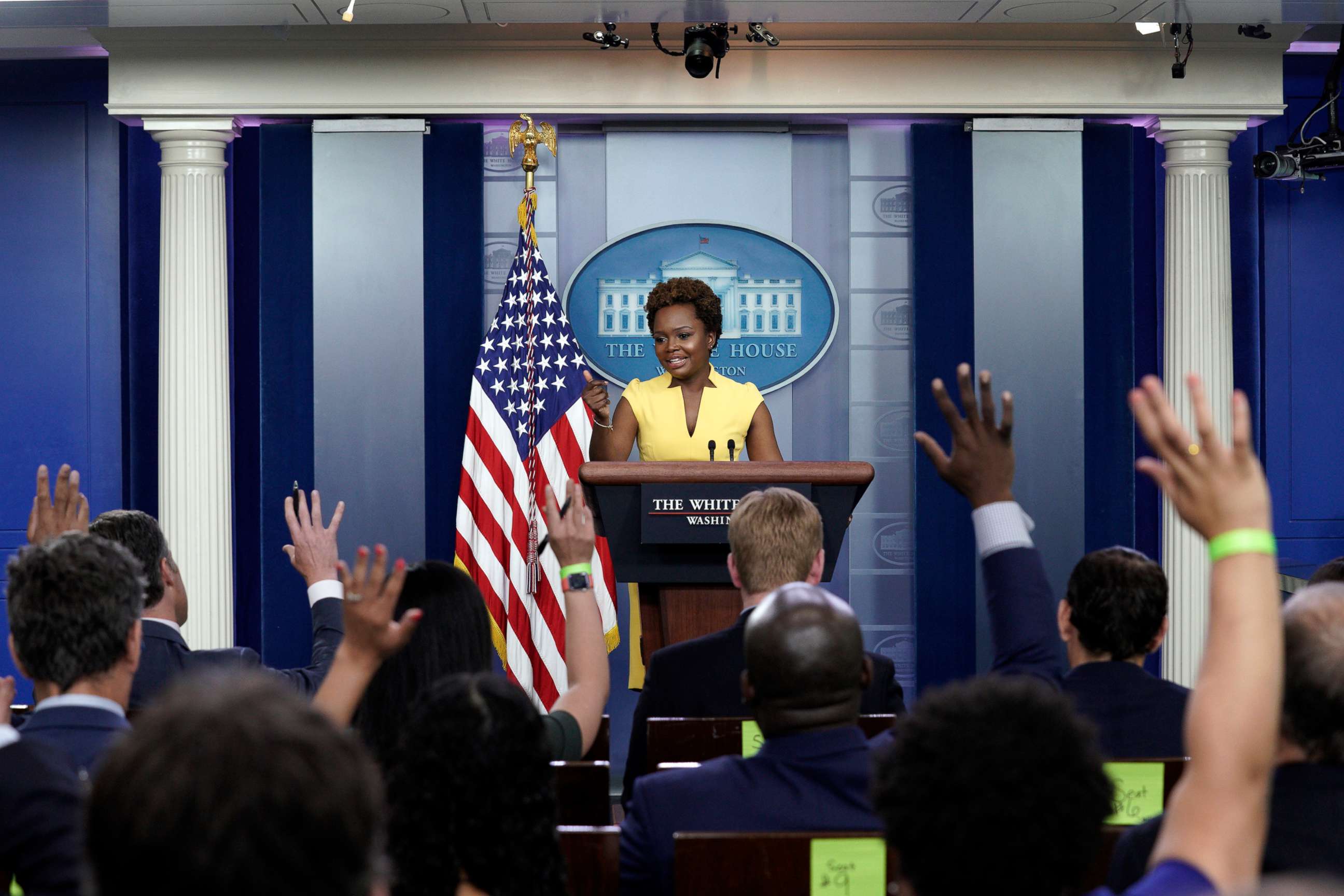 PHOTO: Karine Jean-Pierre takes questions from members of the media during a news conference at the White House in Washington, May 26, 2021.