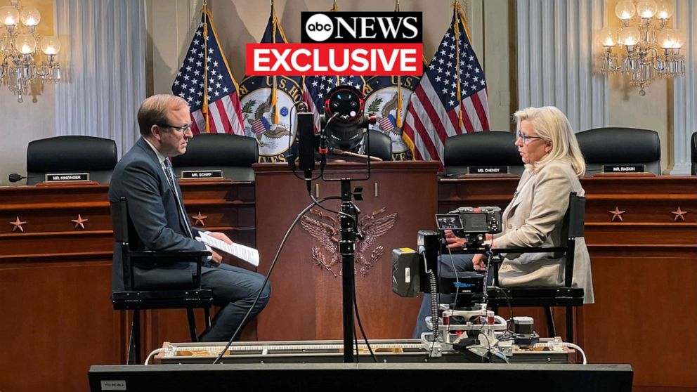 PHOTO: Rep. Liz Cheney speaks with ABC News Chief Washington Correspondent Jon Karl, Aug. 19, 2022, in Washington, D.C.