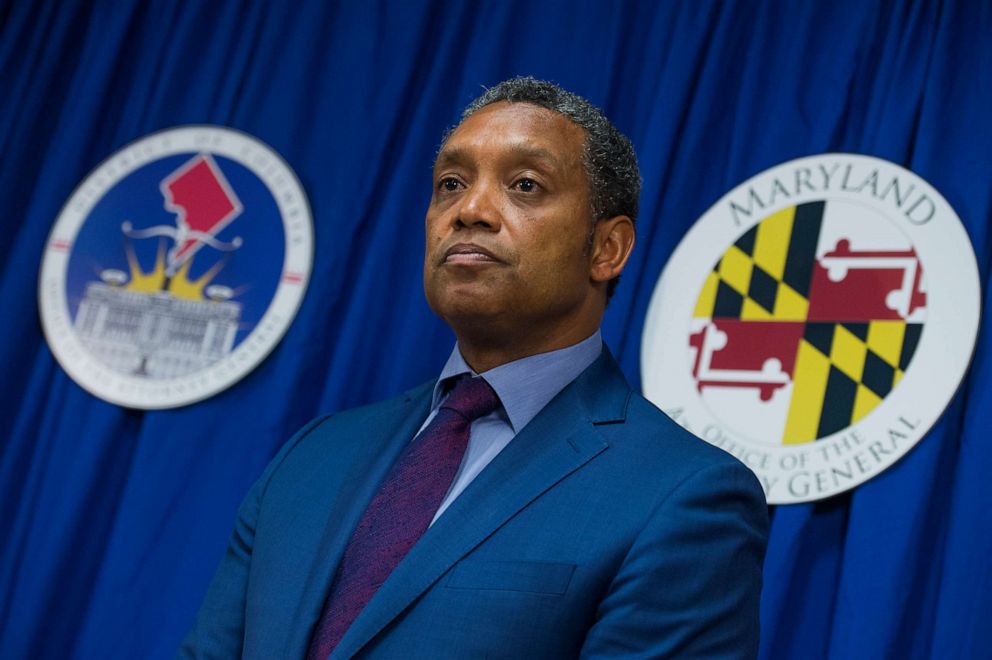 PHOTO: District of Columbia Attorney General Karl Racine and Maryland Attorney General Brian Frosh, off camera, conduct a news conference on June 12, 2017, in Washington, D.C.