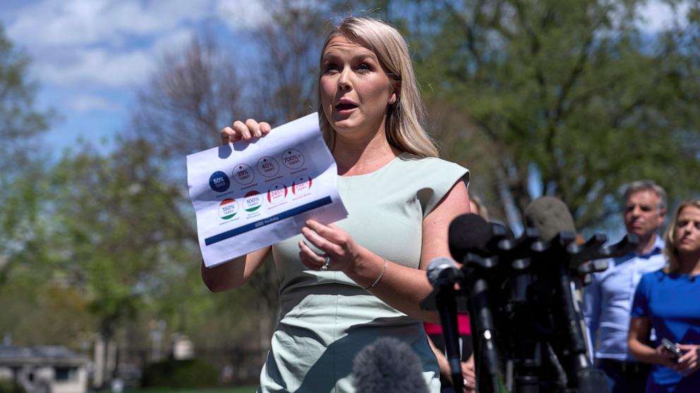 PHOTO: White House press secretary Karoline Leavitt speaks with reporters at the White House, March 31, 2025, in Washington.
