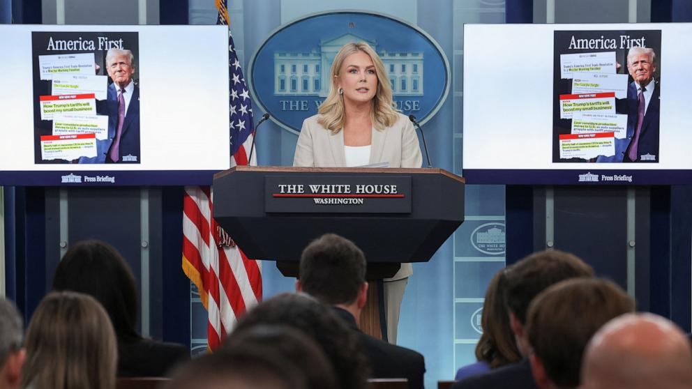 PHOTO: White House press secretary Karoline Leavitt speaks during a press briefing at the White House, April 1, 2025, in Washington.