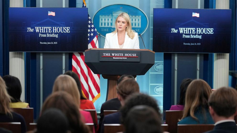 PHOTO: White House press secretary Karoline Leavitt speaks during a press briefing at the White House in Washington, June 26, 2025.