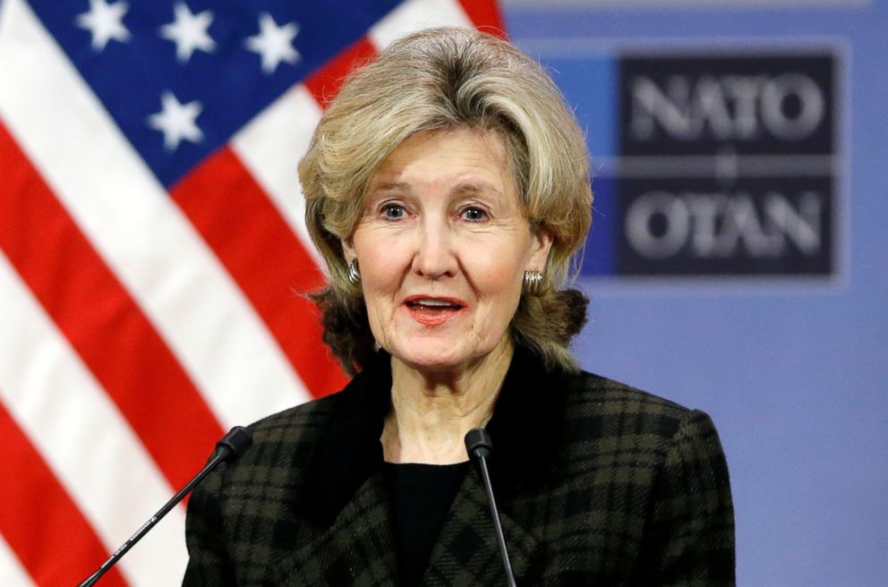 PHOTO: U.S. Ambassador to NATO Kay Bailey Hutchison briefs the media ahead of a NATO meeting at the Alliance headquarters in Brussels, Feb. 13, 2018.