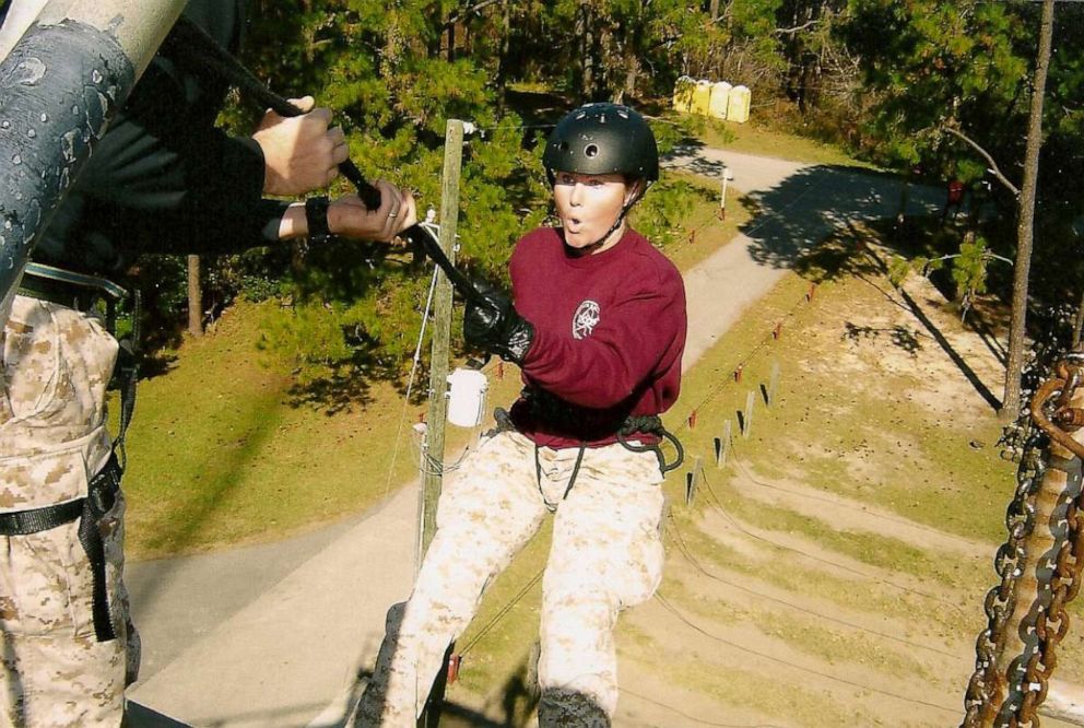 PHOTO: Kate Hendricks Thomas rappels from a wall at Marine Corps Recruit Depot Parris Island in South Carolina in an undated handout photo.