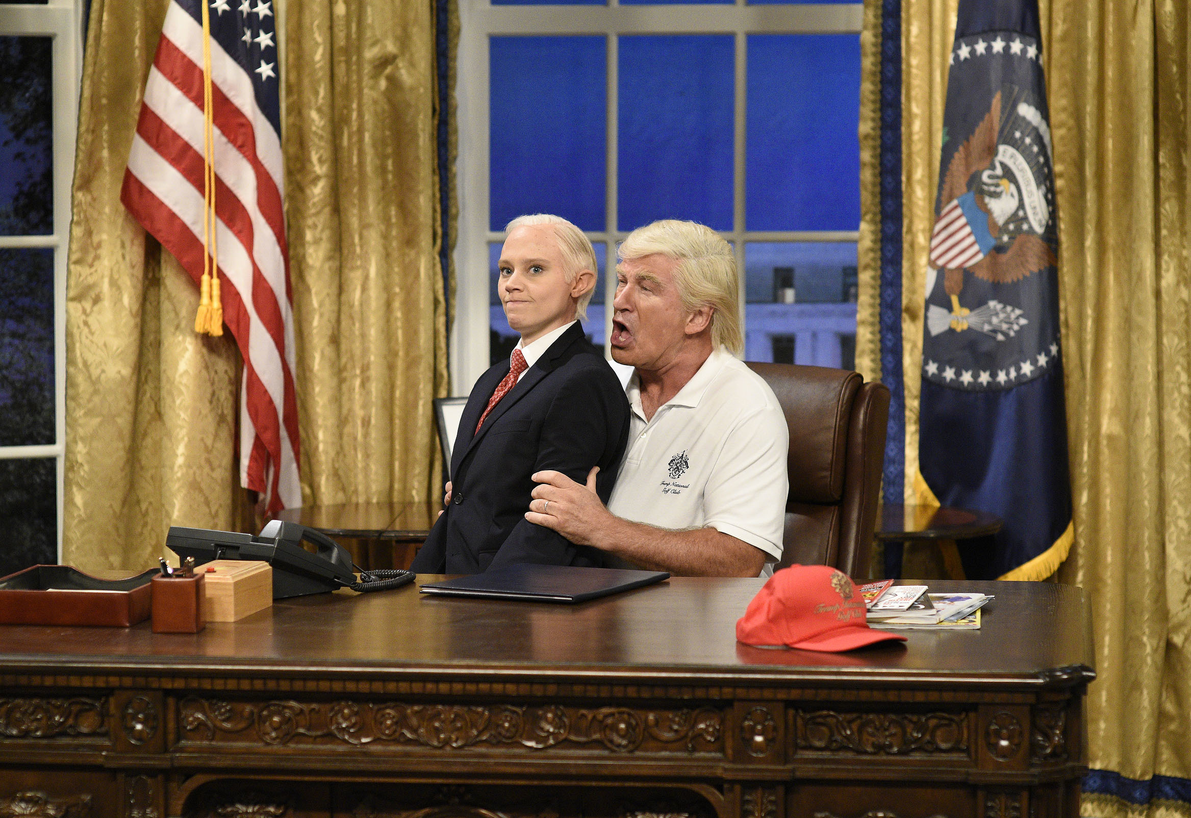 PHOTO: In this image released by NBC, Kate McKinnon portrays Attorney General Jeff Sessions, left, and Alec Baldwin portrays President Donald Trump during the cold open for "Saturday Night Live," on Sept. 30, 2017, in New York.