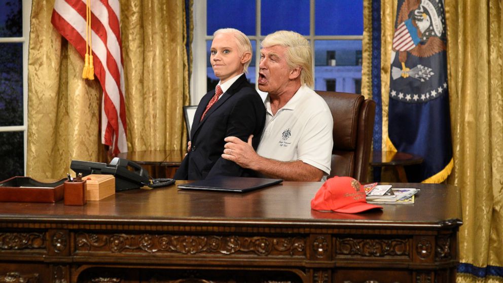 In this image released by NBC, Kate McKinnon portrays Attorney General Jeff Sessions, left, and Alec Baldwin portrays President Donald Trump during the cold open for "Saturday Night Live," on Sept. 30, 2017, in New York.