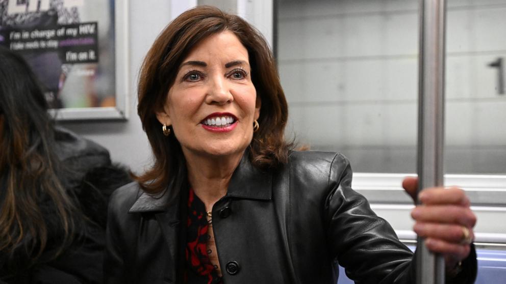 PHOTO: Governor of New York Kathy Hochul rides the subway, March 21, 2025 in New York City.