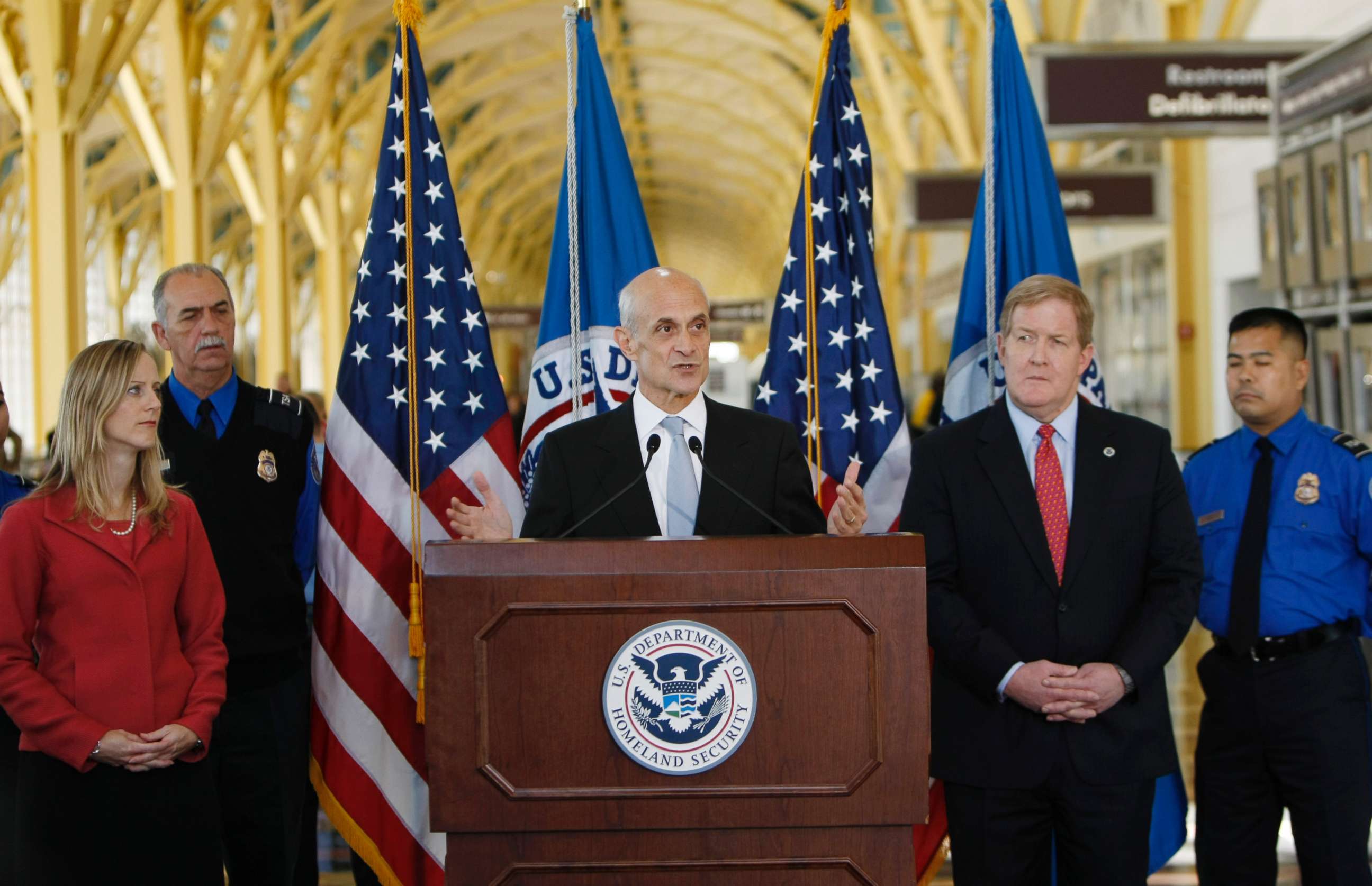 PHOTO: Homeland Security Director Michael Chertoff during a news conference at Washington's Ronald Reagan National Airport, Oct. 22, 2008, with Deputy Assistant Secretary for Policy Kathy Kraninger, left.