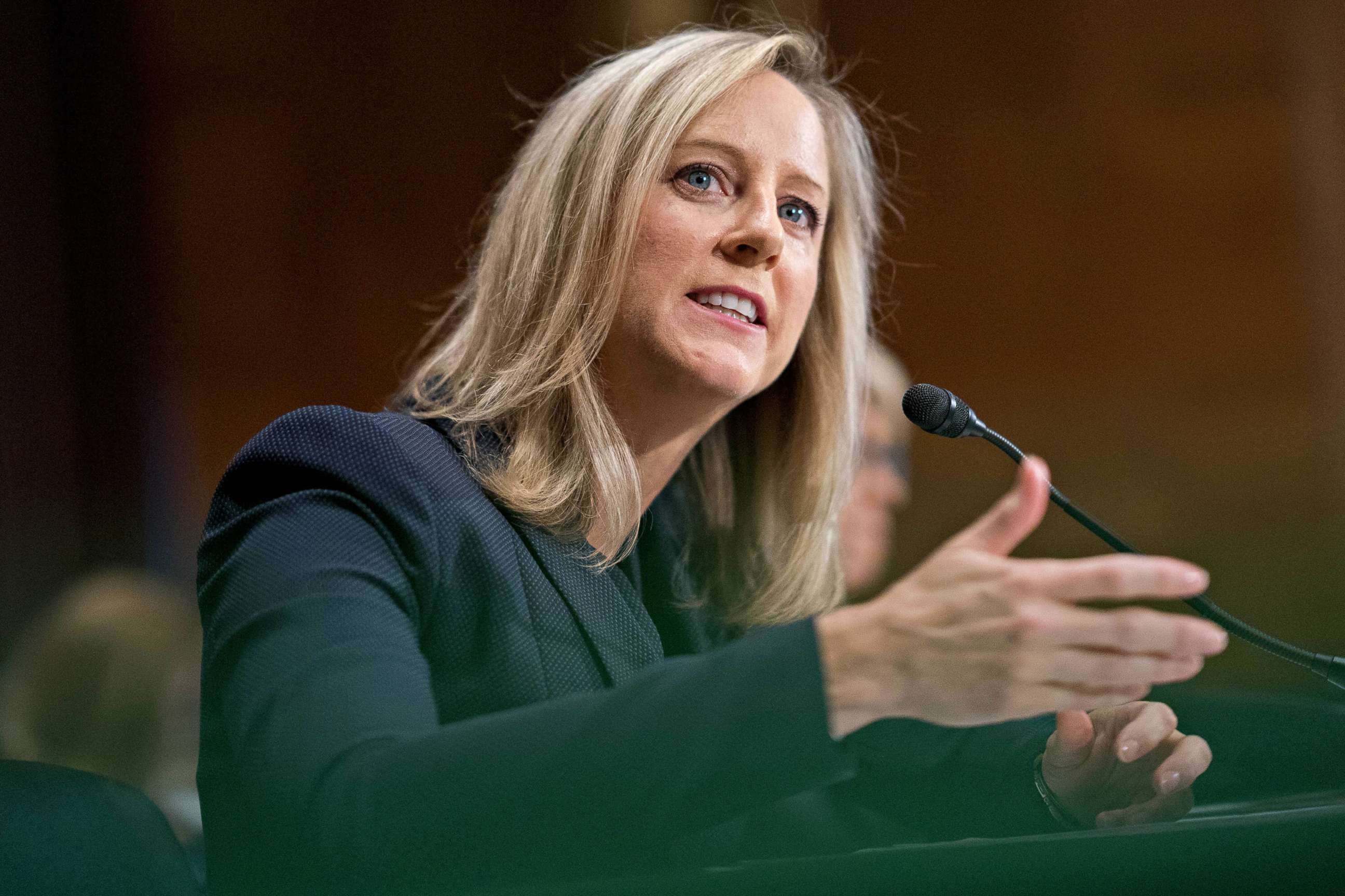 PHOTO: Kathy Kraninger, director of the Consumer Financial Protection Bureau (CFPB) speaks during a Senate Banking Committee confirmation hearing in Washington, July 19, 2018.