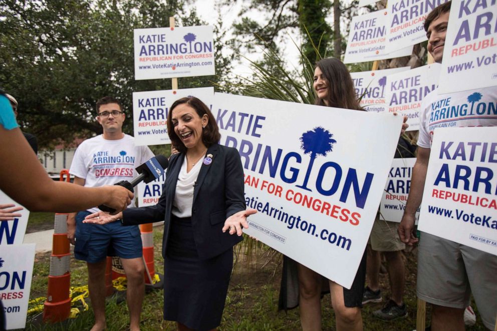 PHOTO: South Carolina Rep. Katie Arrington campaigns after voting for herself in the primary election, June 12, 2018 at Bethany United Methodist Church in Summerville, S.C.